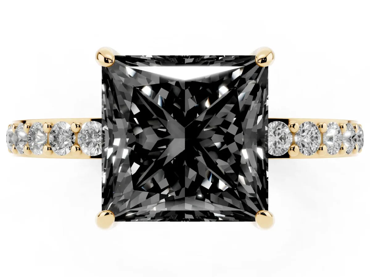 Fancy Black Princess Cut Diamond Solitaire Engagement Ring with Pavé Band and Four-Prong Setting Yellow gold