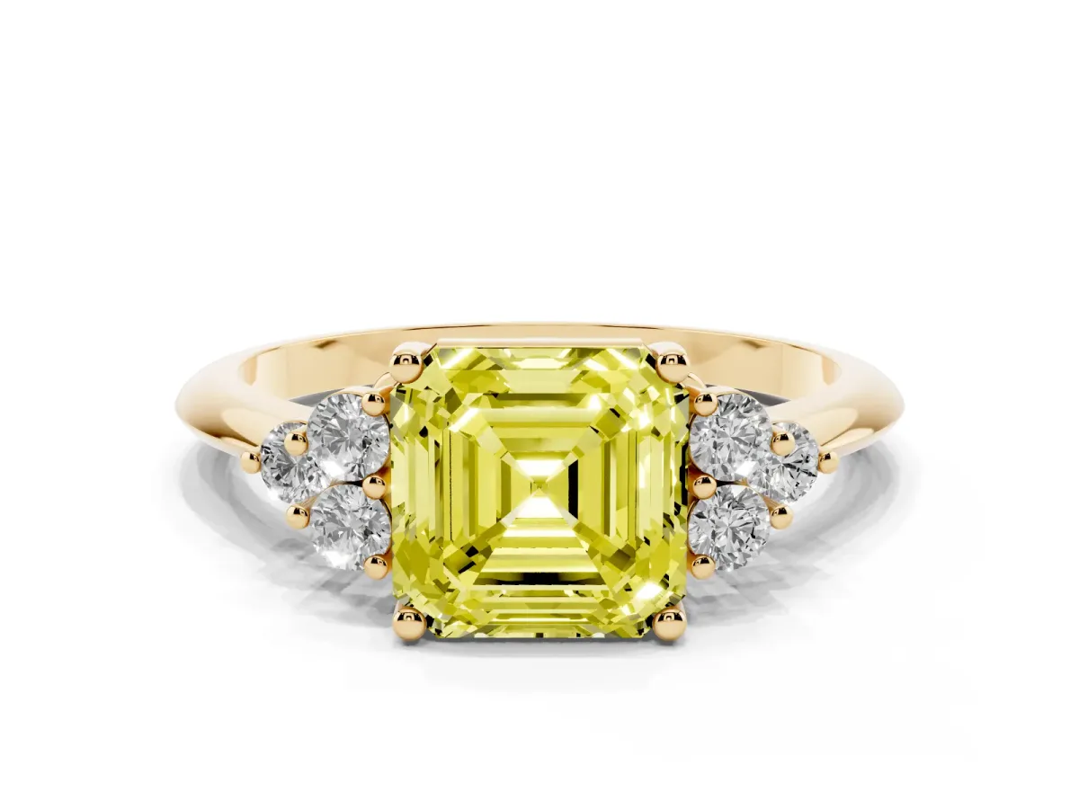Fancy Yellow Asscher Cut Cut Diamond Cluster Ring with Solitaire Band and Four-Prong Setting Yellow gold