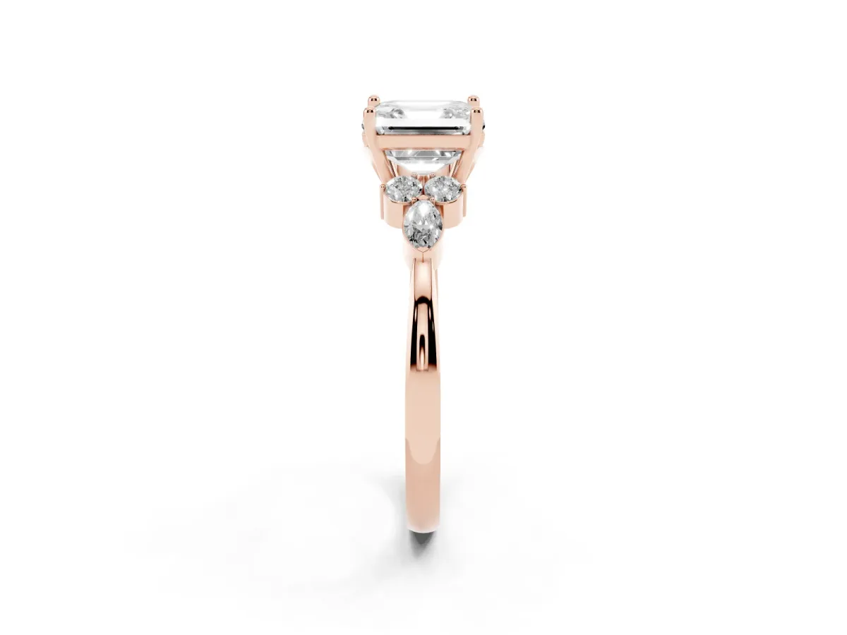Asscher Cut Brilliant Diamond Solitaire Ring with Pear Side Stones and Four-Prong Setting Rose gold