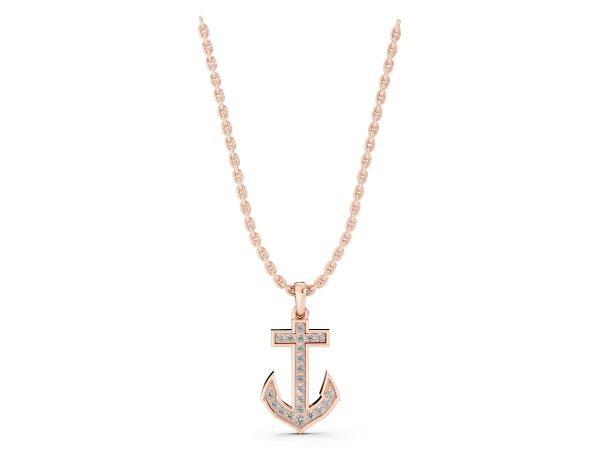 Pavé Round Diamond Anchor Pendant with Four-Prong Setting Rose gold