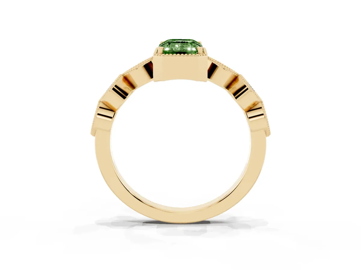Fancy Green Emerald Cut Diamond Vintage Milgrain Ring with Round Stations Yellow gold