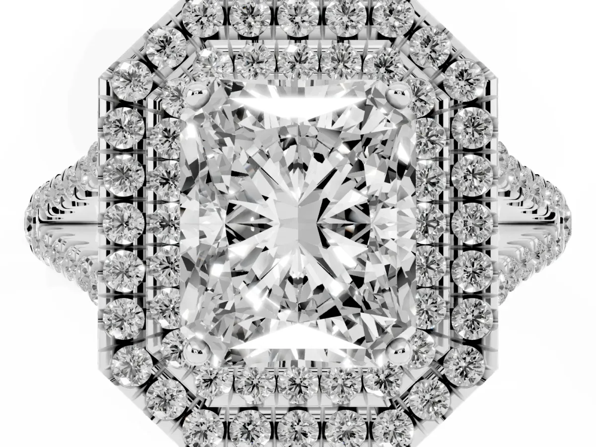 Radiant Cut Diamond Double Halo Ring with Pavé Band and Prong Setting Silver