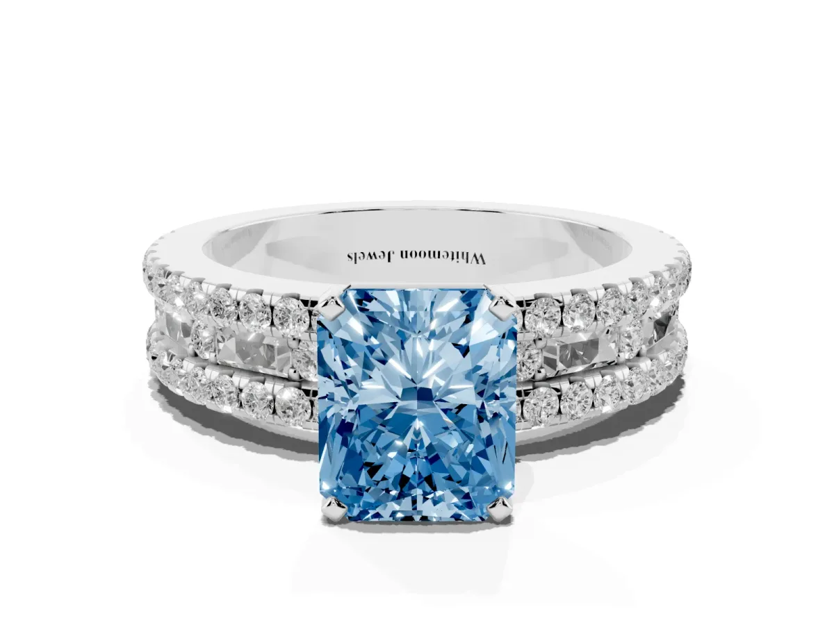 Fancy Blue Radiant Cut Diamond Solitaire Ring with Pavé and Channel Set Band Silver