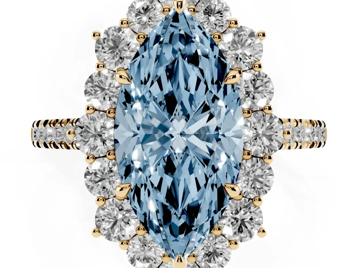 Fancy Blue Marquise Cut Halo Diamond Ring with Pavé Band and Prong Setting Yellow gold