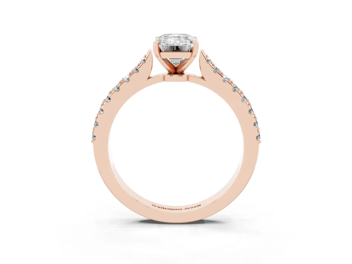 Emerald Cut Cut Solitaire Diamond Engagement Ring with Pave Band and Four-Prong Setting Rose gold