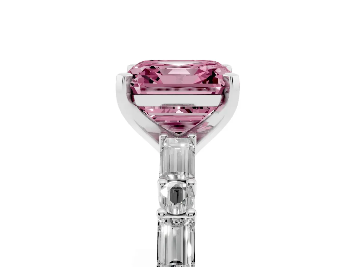 Fancy Pink Asscher Cut Diamond Solitaire with Side Baguettes and Channel Set Band Silver