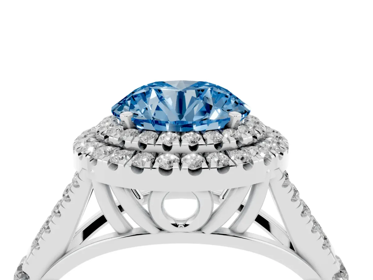 Fancy Blue Round Cut Diamond Double Halo Ring with Split Shank and Prong Setting White gold