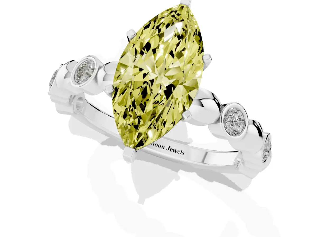Fancy Yellow Marquise Cut Solitaire Bezel-Set Diamond Ring with Beaded Band and Four-Prong Setting Silver