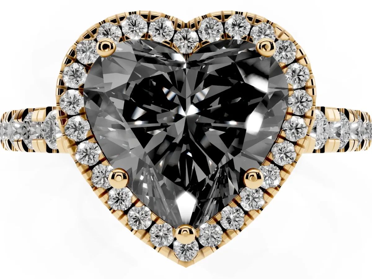 Fancy Black Heart Cut Diamond Halo Ring with Pavé Band and Four-Prong Setting Yellow gold