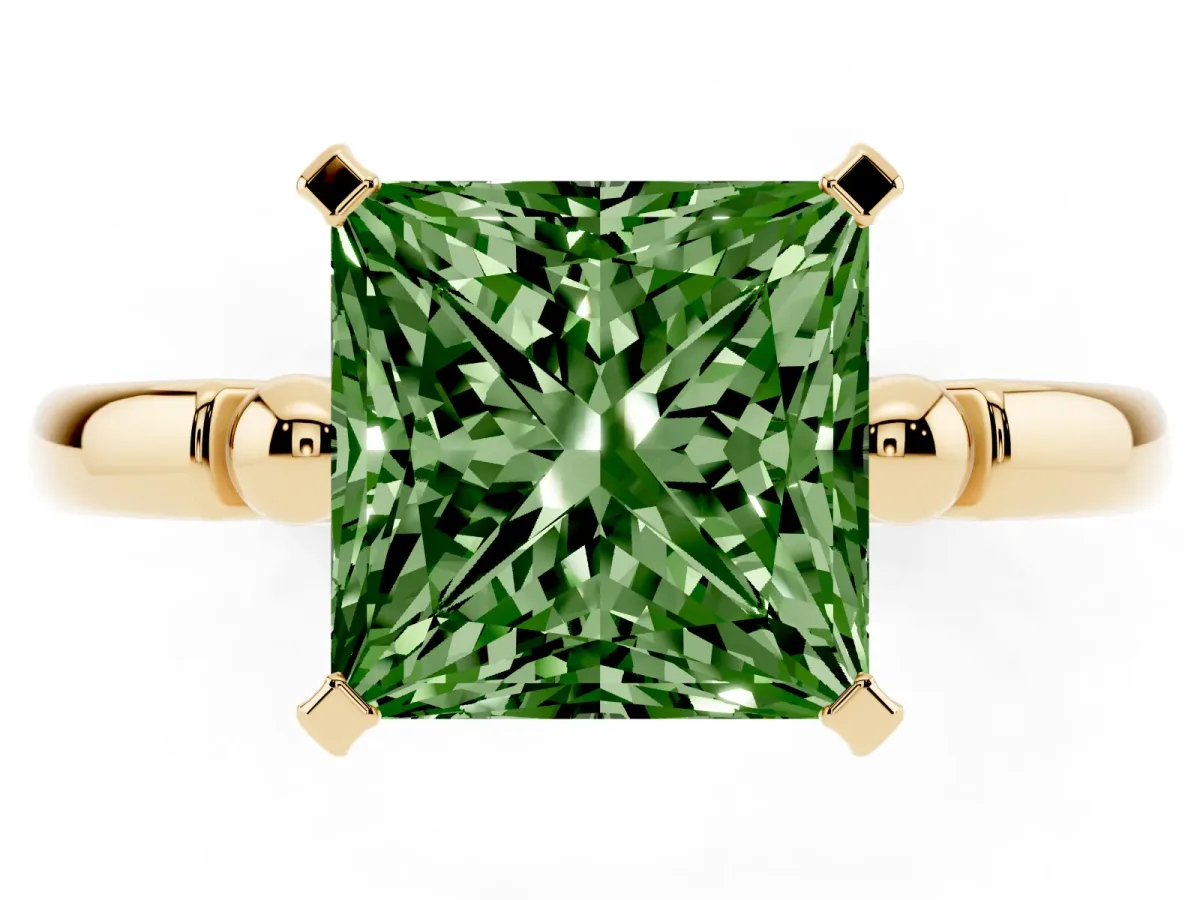 Fancy Green Princess Cut Solitaire Beaded Band with Four-Prong Setting Yellow gold
