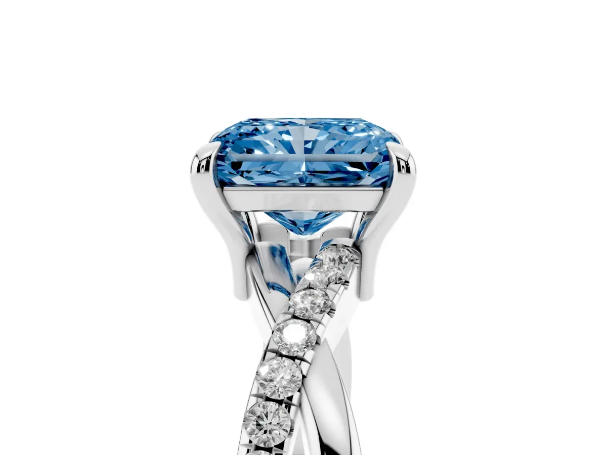 Fancy Blue Radiant Cut Cut Diamond Twist Band Solitaire with Prong Setting Silver
