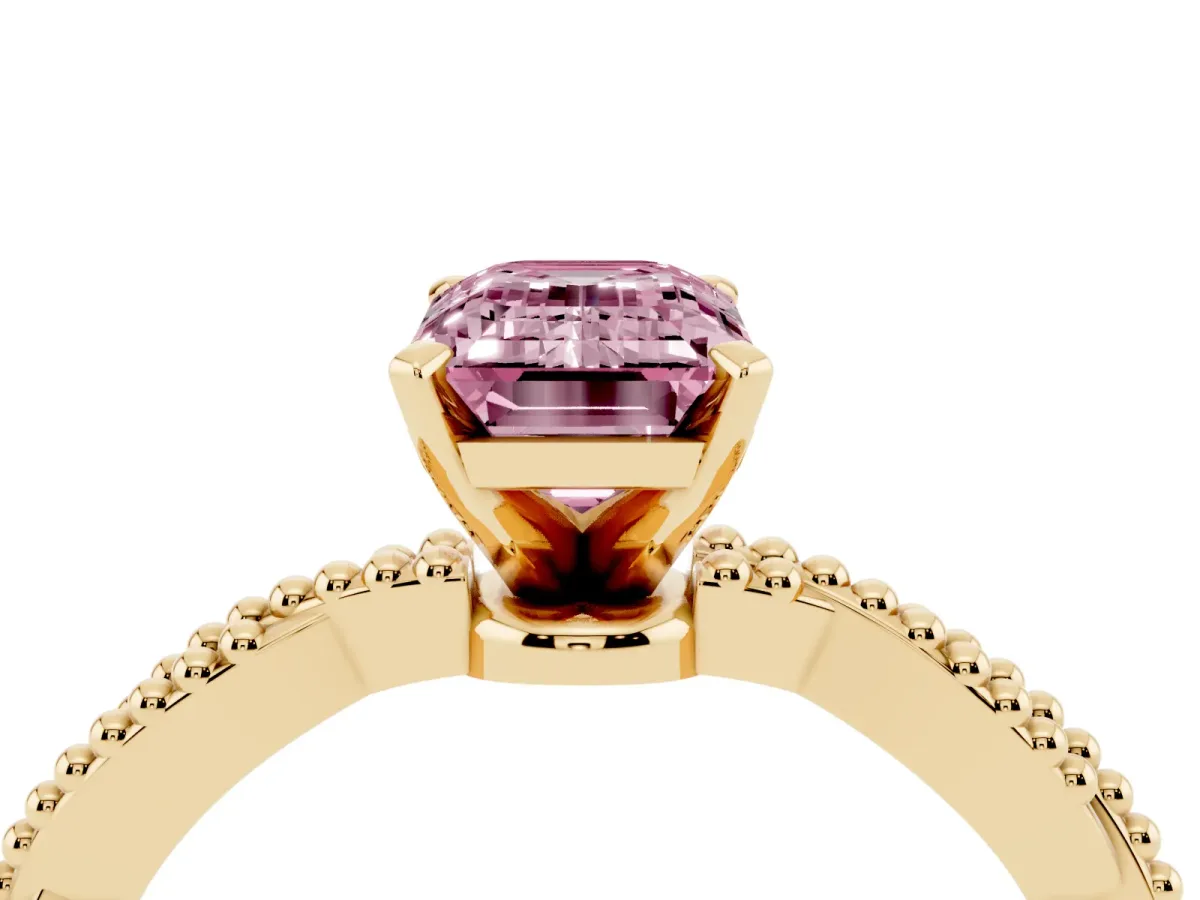 Fancy Pink Emerald Cut Solitaire Twisted Band with Bead Prong Setting Yellow gold