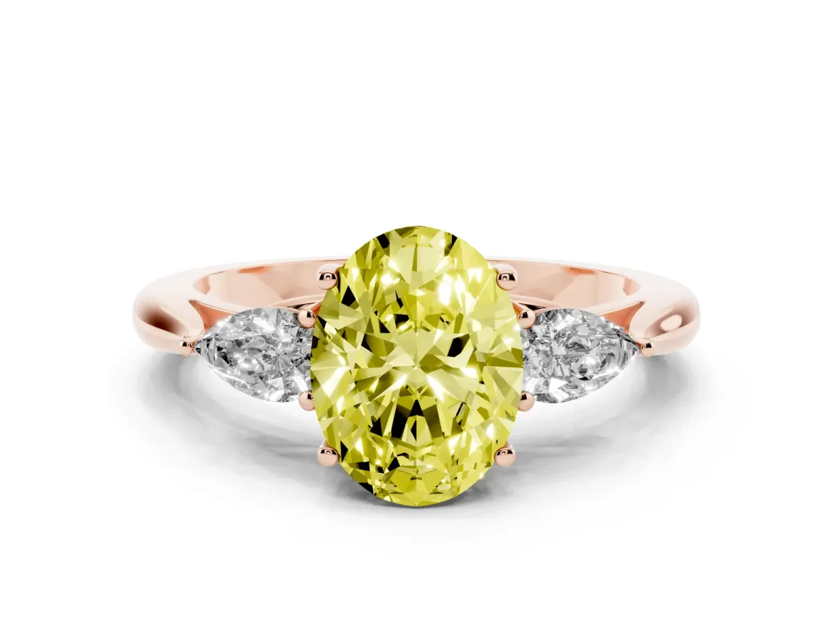 Fancy Yellow Oval Cut Diamond Three-Stone Ring with Pear Side Stones and Prong Setting Rose gold