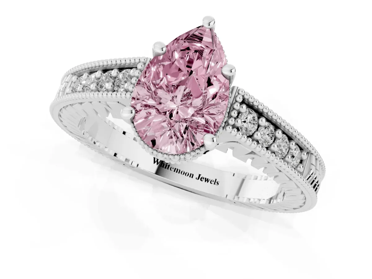 Fancy Pink Pear Cut Solitaire Pavé Diamond Milgrain Engagement Ring with Four-Prong Setting Silver