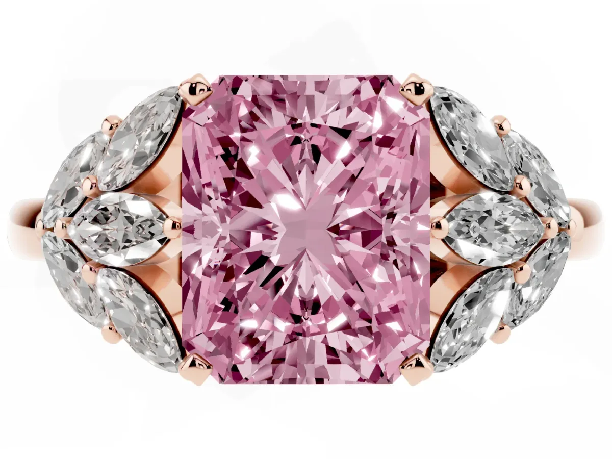 Fancy Pink Radiant Cut Diamond Cluster Leaf Design Ring with Prong Setting Rose gold