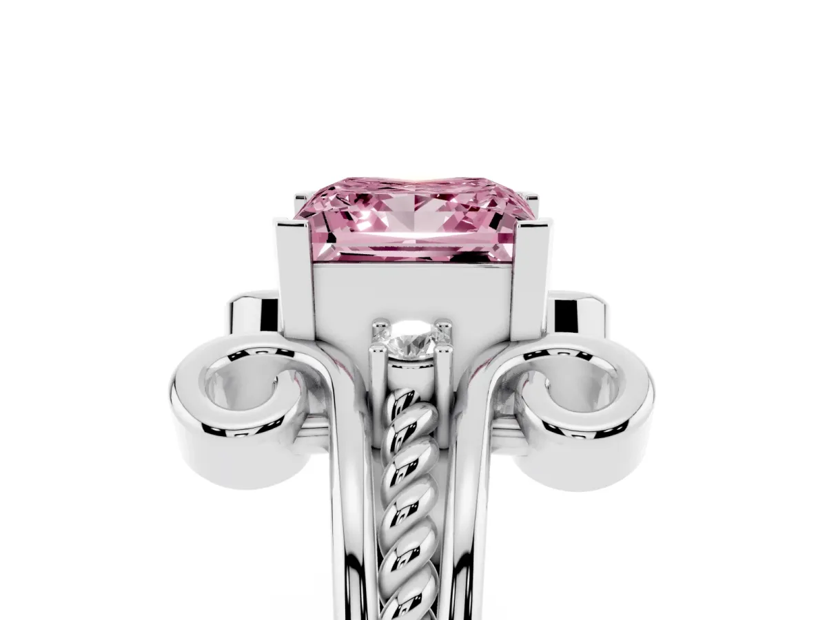 Fancy Pink Princess Cut Solitaire Twisted Band Scroll Prong Ring Silver