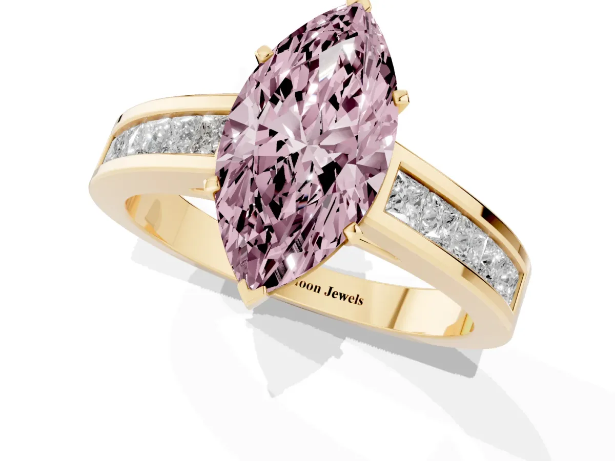 Fancy Pink Marquise Cut Solitaire Diamond Ring with Channel-Set Band and Four-Prong Setting Yellow gold