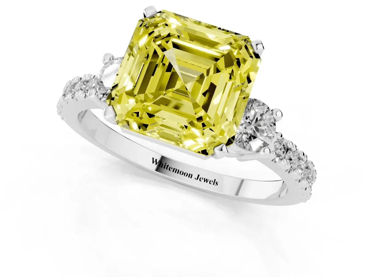 Fancy Yellow Asscher Cut Three-Stone Diamond Pavé Band with Prong Setting Silver