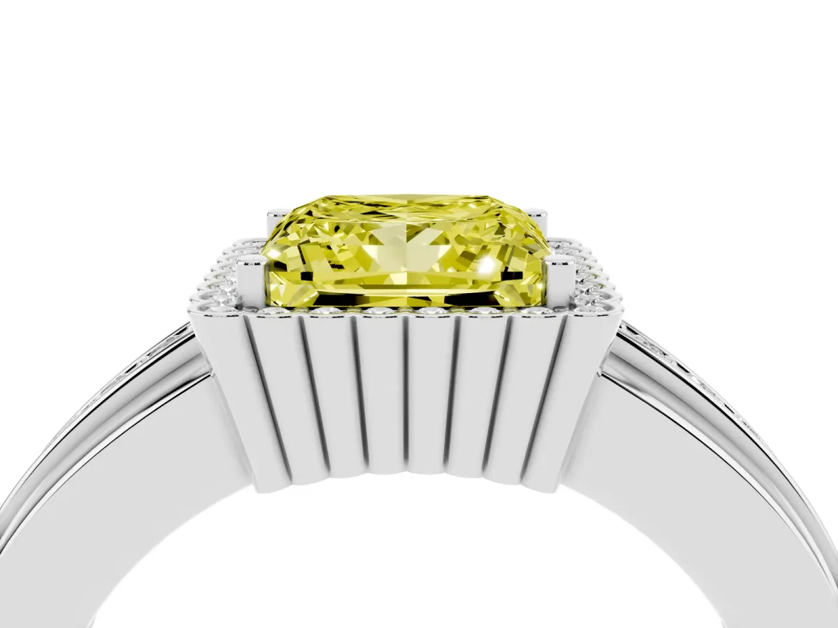 Fancy Yellow Princess Cut Cut Halo Pave Band Four-Prong Ring Silver
