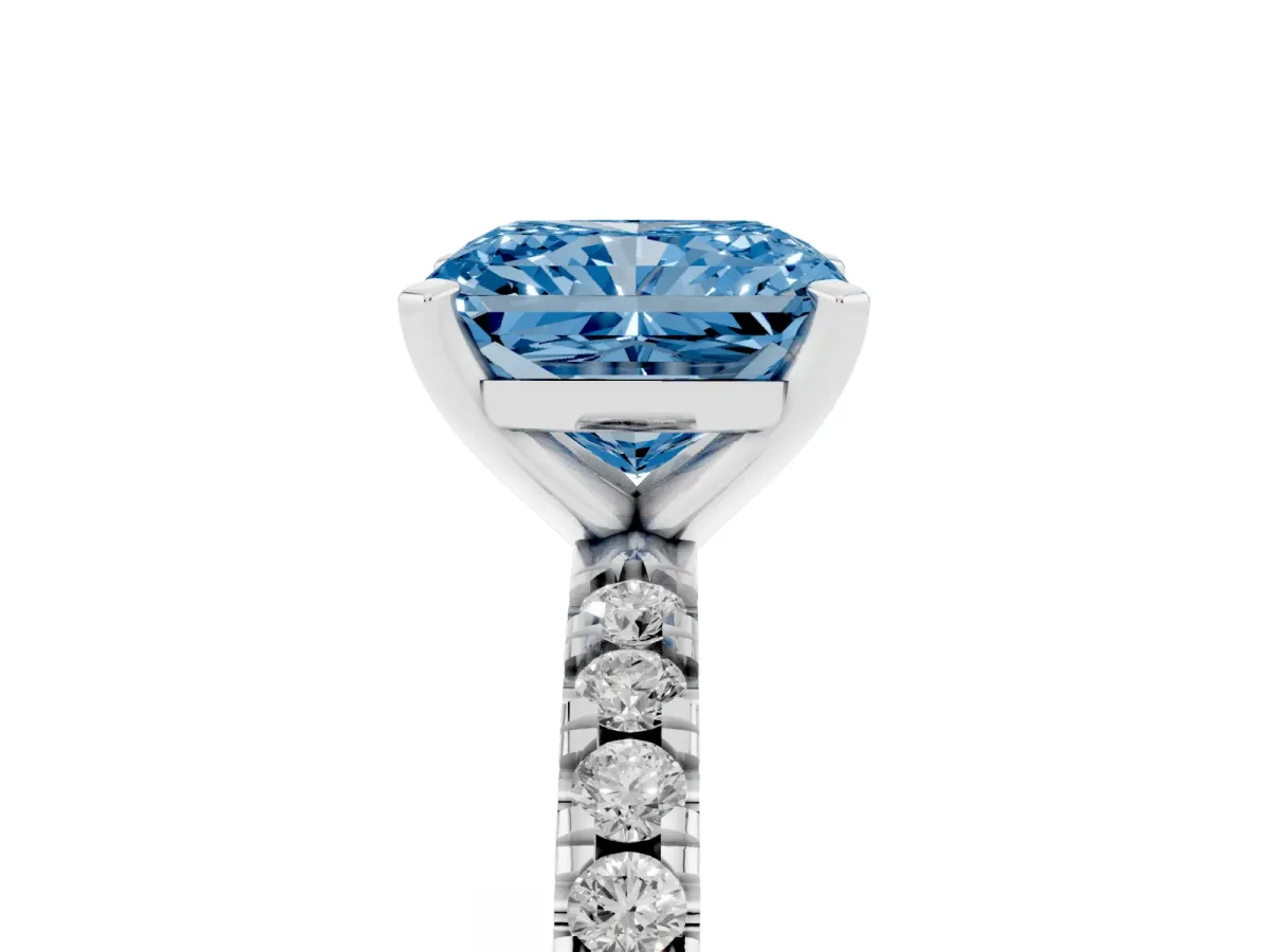 Fancy Blue Radiant Cut Diamond Pavé Band Solitaire with Four-Prong Setting Silver