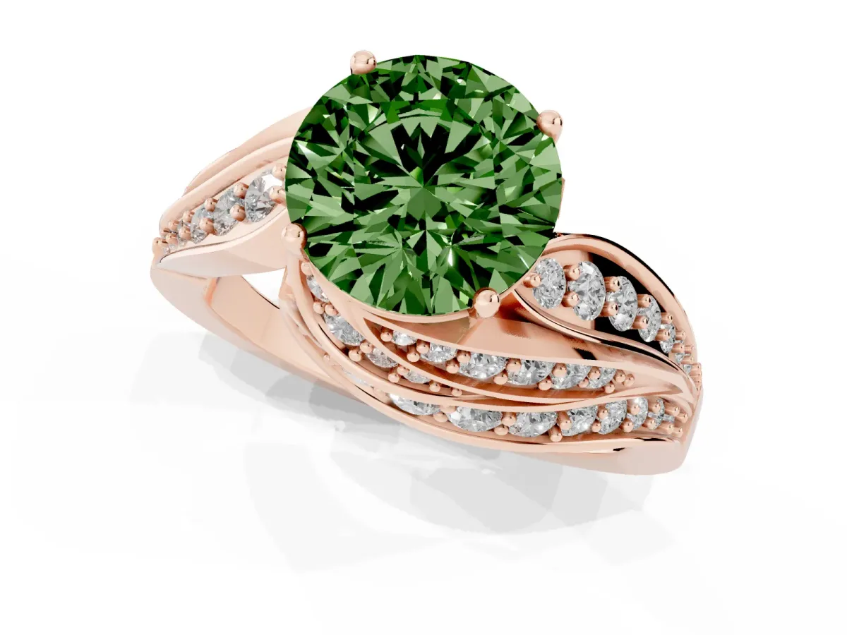 Fancy Green Round Cut Diamond Solitaire Ring with Prong Setting and Twisted Pavé Band Rose gold