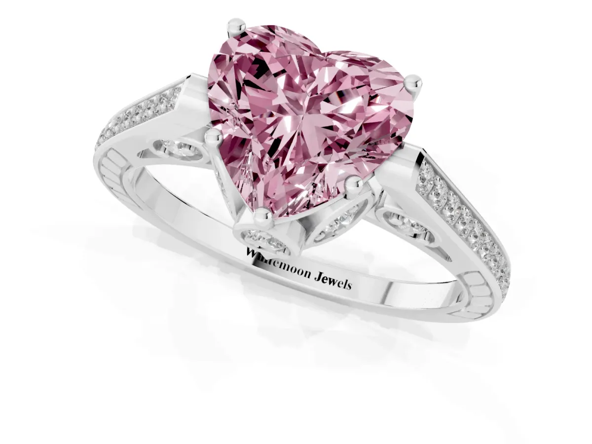 Fancy Pink Heart Cut Cut Cathedral Pave Diamond Engagement Ring with Six-Prong Setting Platinum