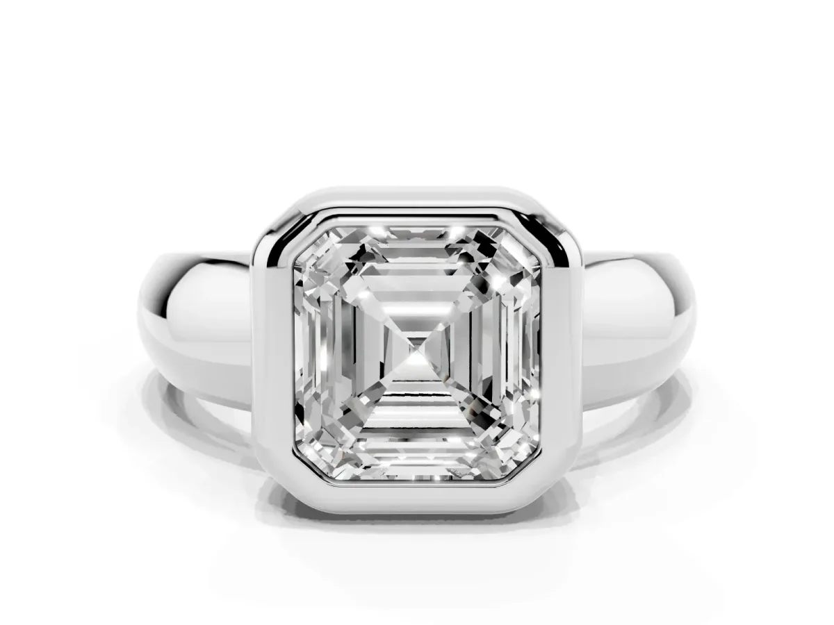Bezel Set Asscher Cut Solitaire Ring with Wide Band Platinum