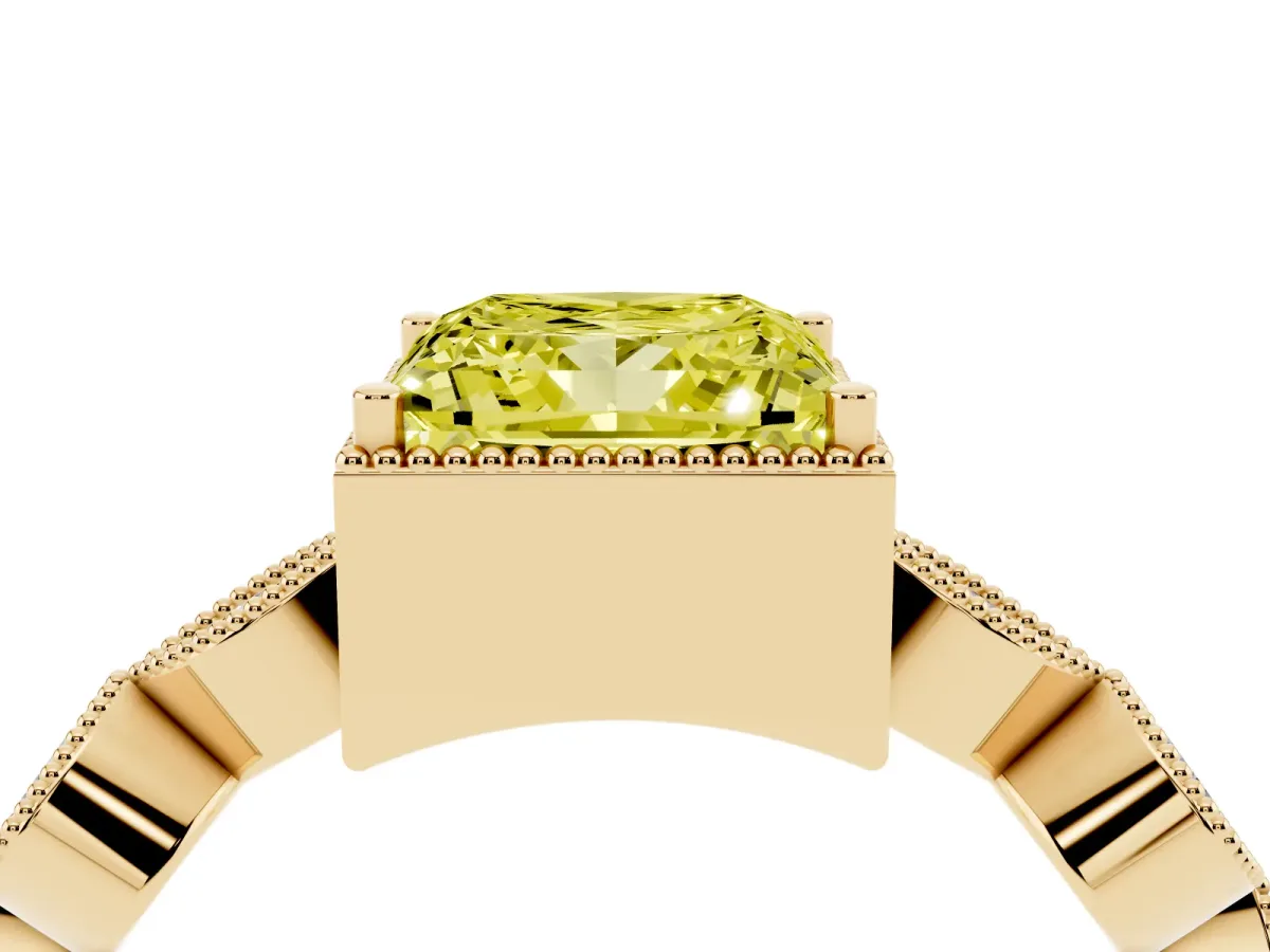 Fancy Yellow Princess Cut Diamond Vintage Milgrain Ring with Round Stations Yellow gold