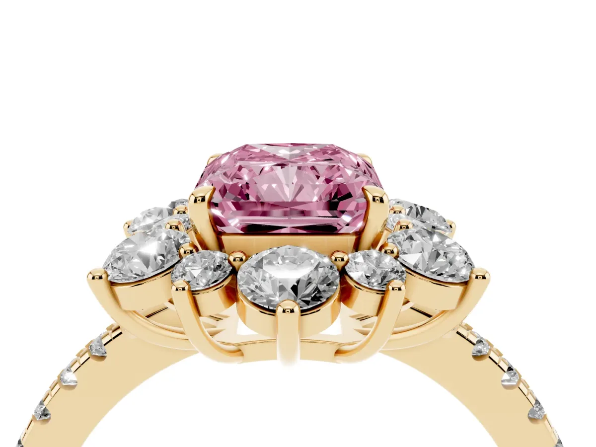 Fancy Pink Radiant Cut Diamond Floral Halo Ring with Round Pavé Band and Prong Setting Yellow gold