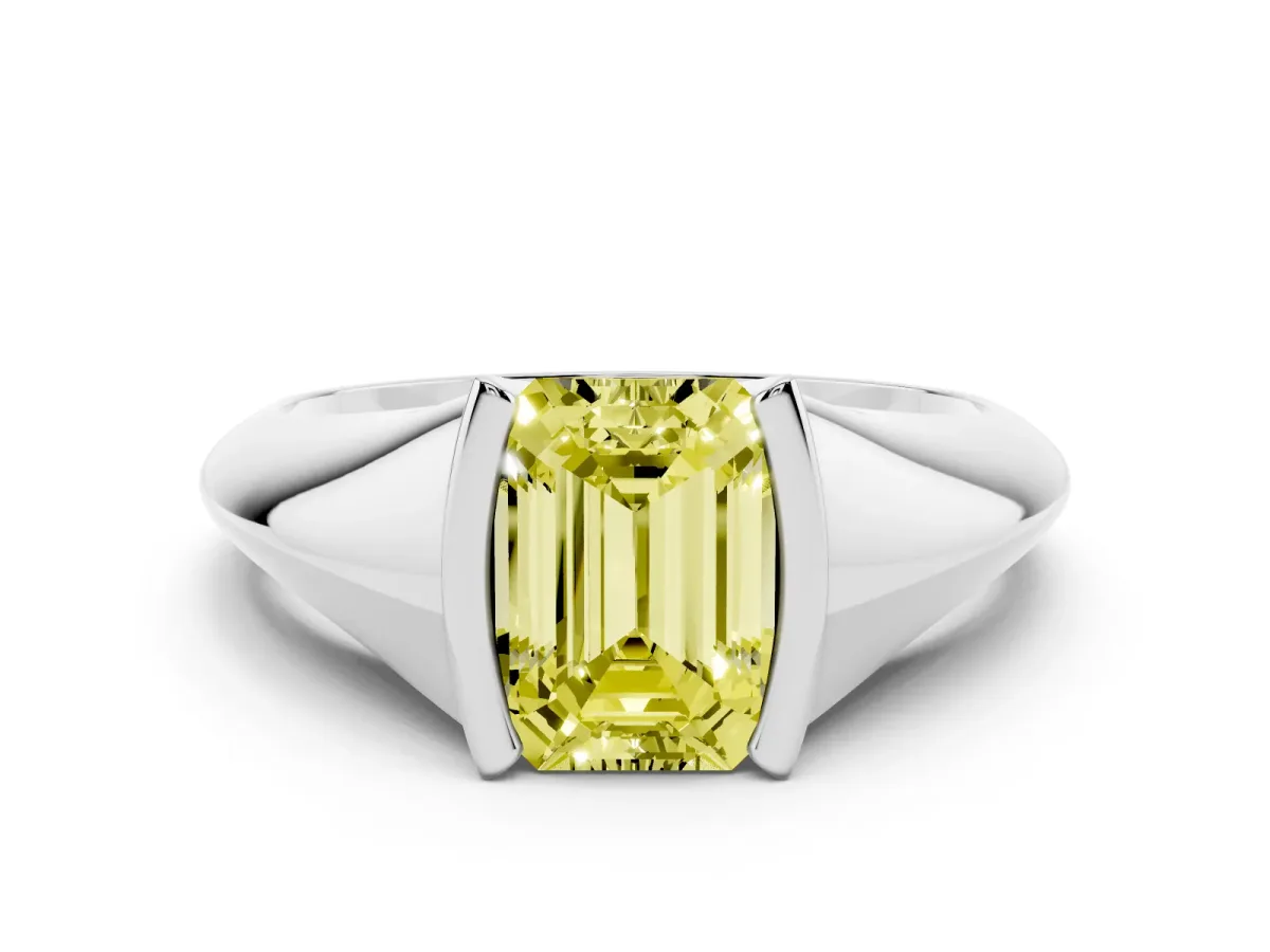 Fancy Yellow Emerald Cut Solitaire Tension Set Diamond Ring Silver