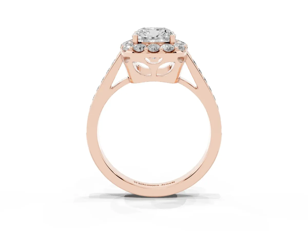 Cushion Cut Diamond Floral Halo Ring with Pavé Band and Prong Setting Rose gold