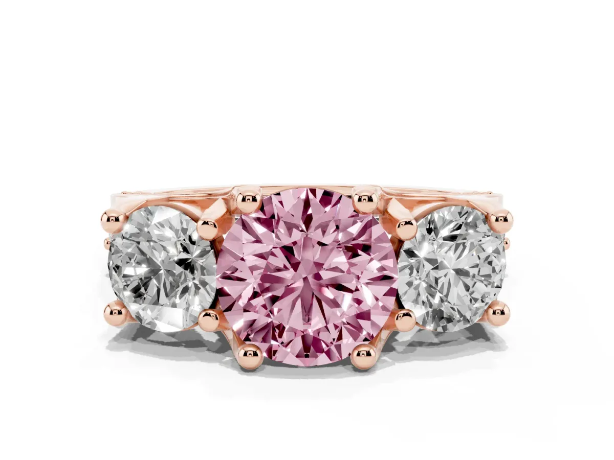 Fancy Pink Round Cut Diamond Three-Stone Ring with Channel Set Band and Four-Prong Setting Rose gold