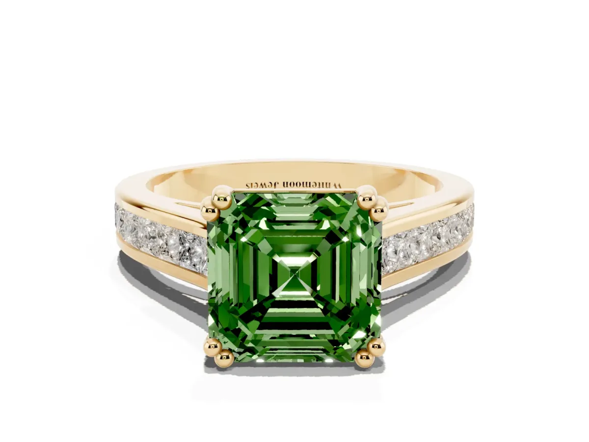 Fancy Green Asscher Cut Cut Channel Set Solitaire Engagement Ring with Prong Setting Yellow gold