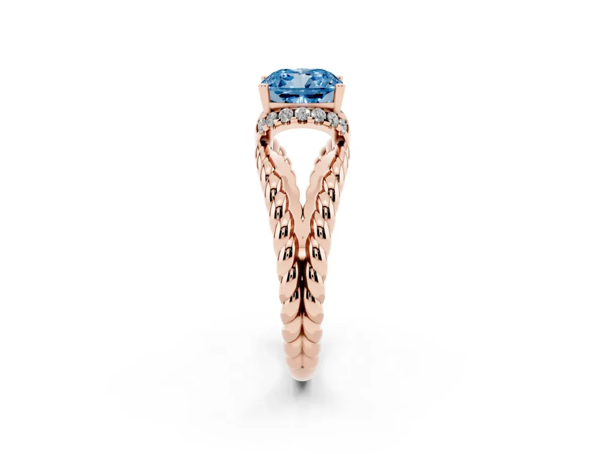 Fancy Blue Cushion Cut Halo Twisted Band Four-Prong Ring Rose gold