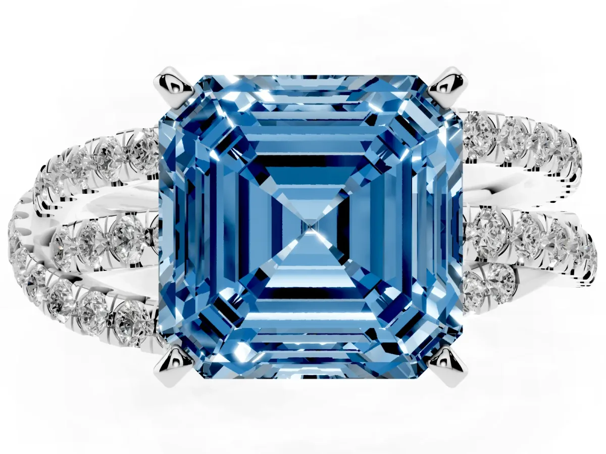 Fancy Blue Asscher Cut Solitaire Twist Band with Pavé Setting and Four-Prong Setting Silver