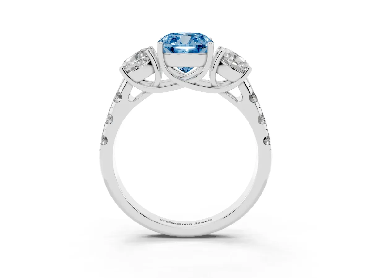 Fancy Blue Three-Stone Cushion Cut Diamond Pavé Band with Prong Setting Silver