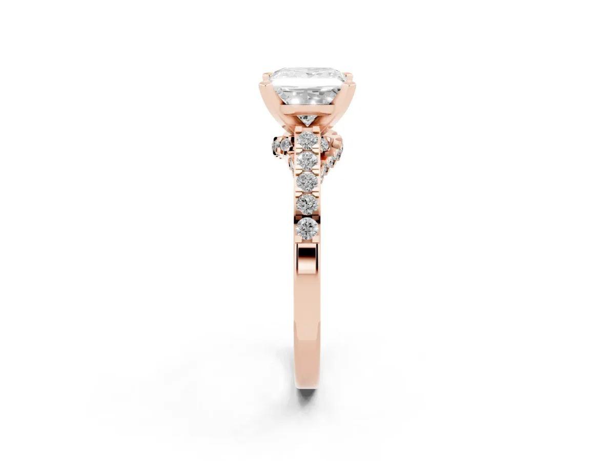 Princess Cut Diamond Solitaire Ring with Crossover Gallery and Round Pavé Band Rose gold