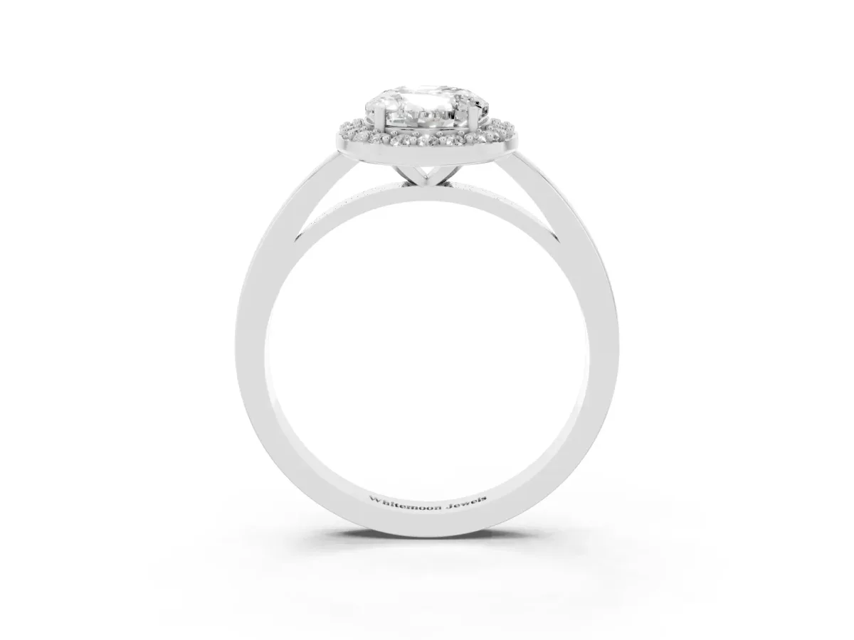 Oval Cut Halo Diamond Ring with Solitaire Band and Prong Setting Silver
