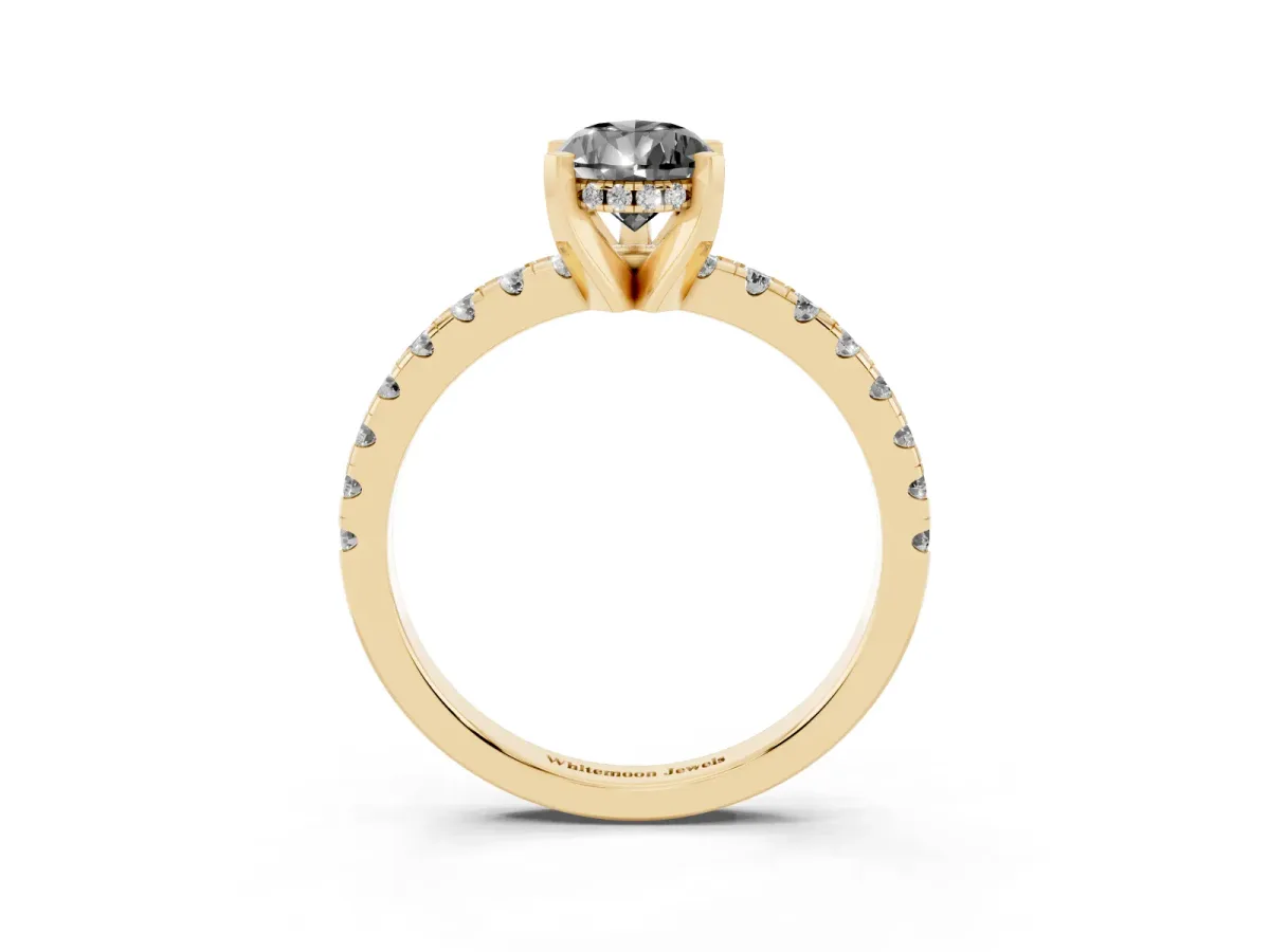 Fancy Black Pear Cut Diamond Solitaire Ring with Round Pavé Band and Four-Prong Setting Yellow gold