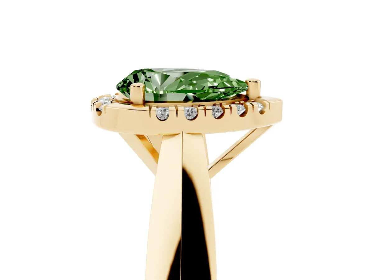 Fancy Green Pear Cut Cut Halo Solitaire Engagement Ring with Square Band and Four-Prong Setting Yellow gold