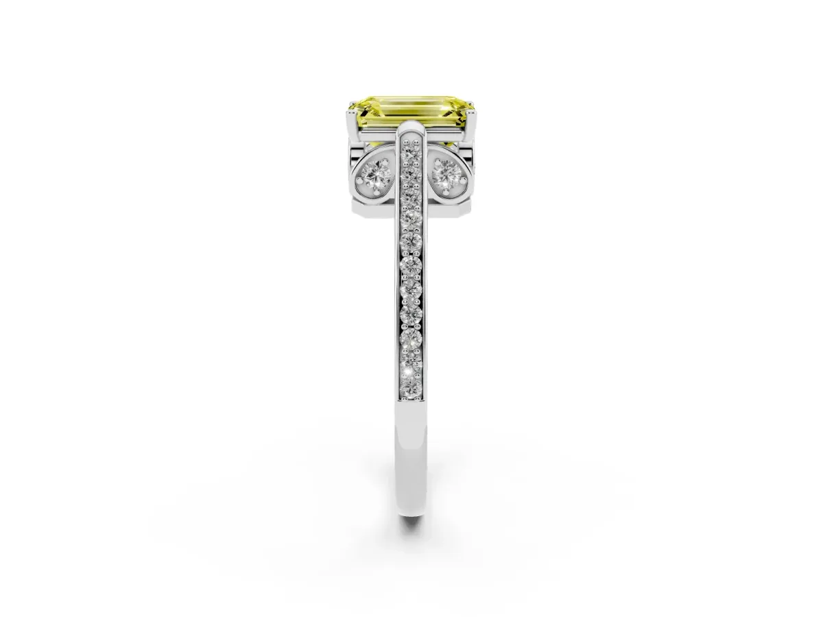 Fancy Yellow Emerald Cut Cut Cathedral Pave Diamond Engagement Ring with Six-Prong Setting Platinum