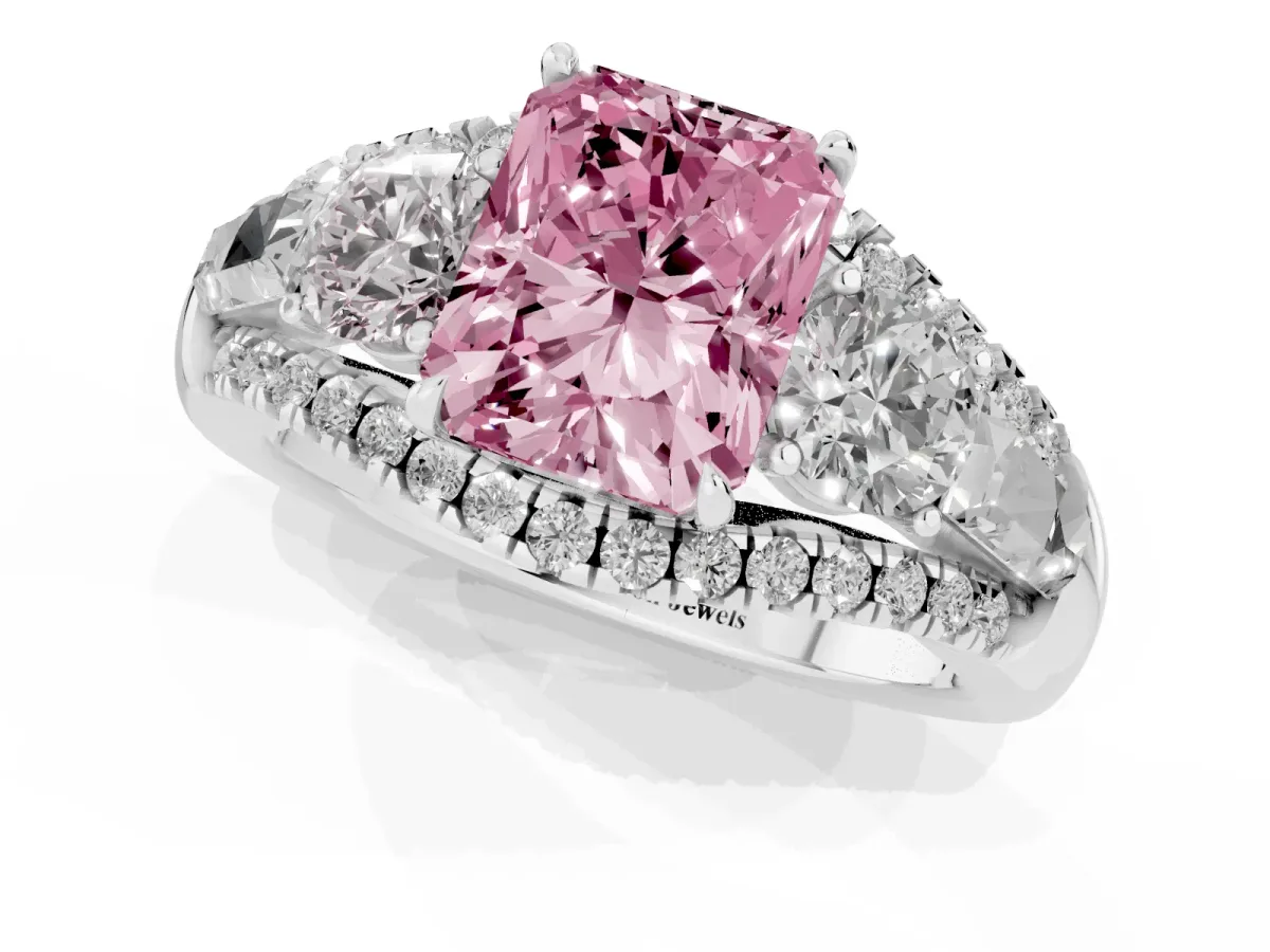 Fancy Pink Three-Stone Radiant Cut Diamond Engagement Ring with Pave Band and Prong Setting Silver