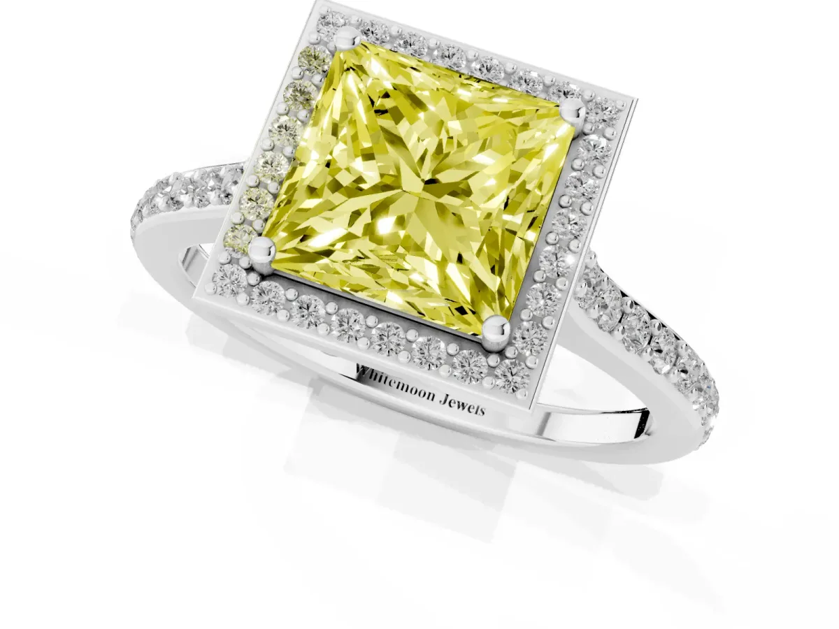 Fancy Yellow Princess Cut Diamond Halo Engagement Ring with Round Pavé Shoulders and Prong Setting Platinum