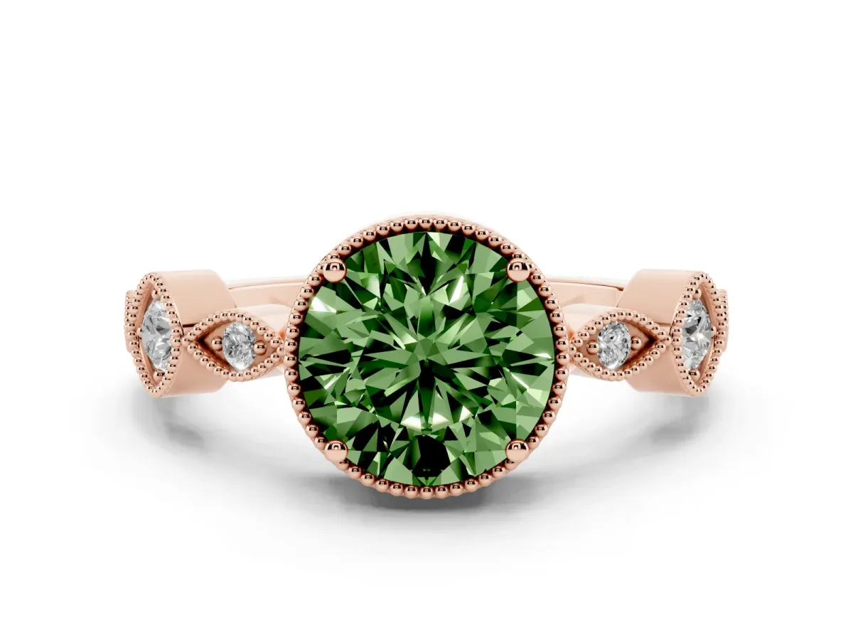 Fancy Green Round Cut Diamond Vintage Milgrain Ring with Round Stations Rose gold