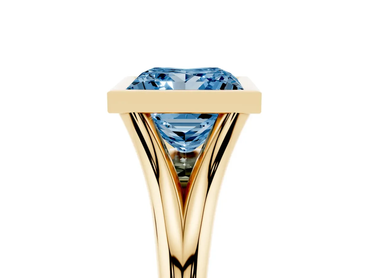 Fancy Blue Bezel Set Princess Cut Cut Solitaire Ring with Tapered Band Yellow gold