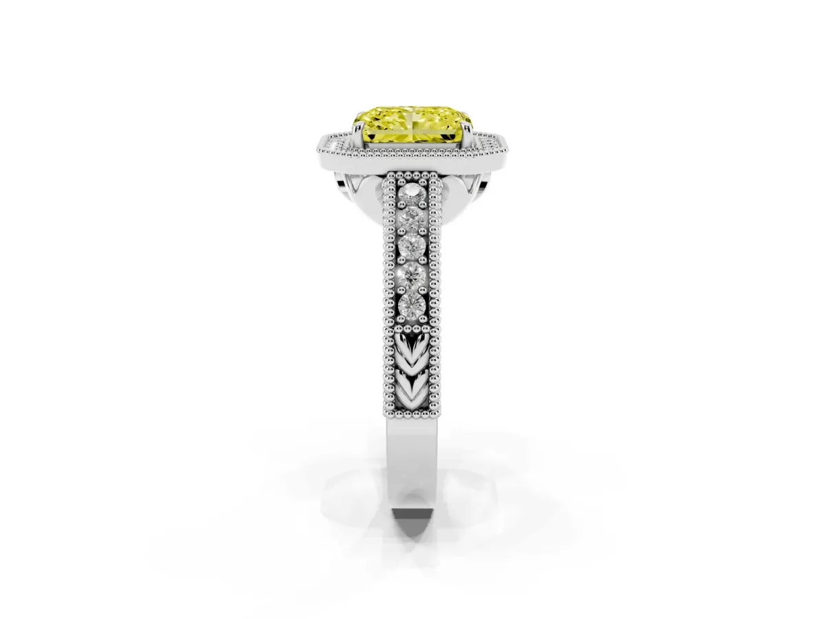 Fancy Yellow Radiant Cut Cut Halo Diamond Ring with Pavé Band and Four-Prong Setting Silver