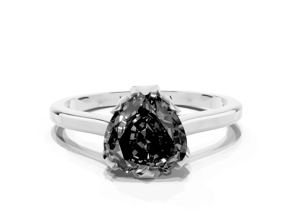 Fancy Black Heart Cut Diamond Solitaire Ring with Flower Prong Setting and Classic Band Silver