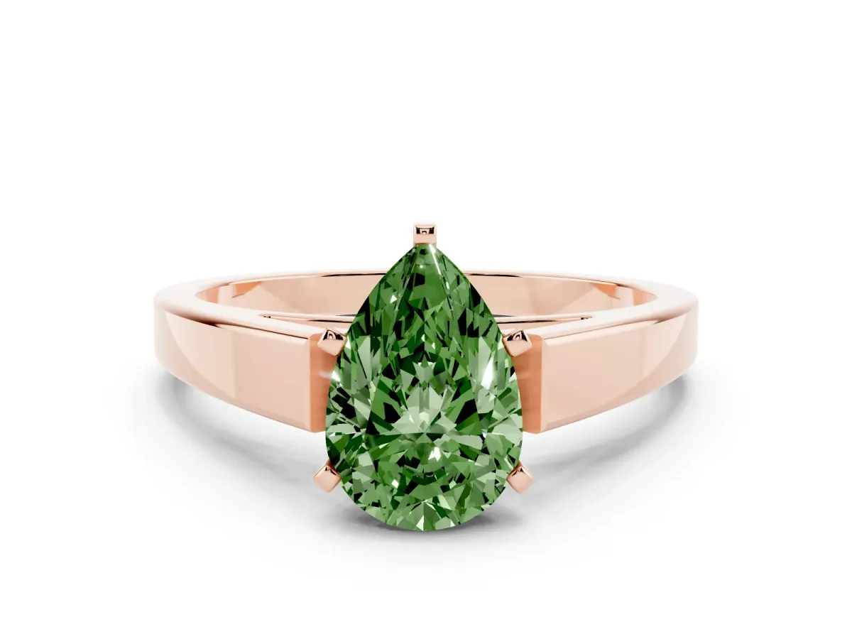 Fancy Green Pear Cut Solitaire Engagement Ring with Four-Prong Setting and Tapered Band Rose gold