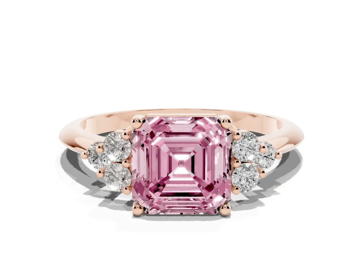 Fancy Pink Asscher Cut Cut Diamond Cluster Ring with Solitaire Band and Four-Prong Setting Rose gold