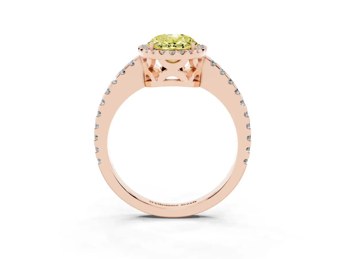 Fancy Yellow Oval Cut Diamond Halo Engagement Ring with Pavé Band and Prong Setting Rose gold